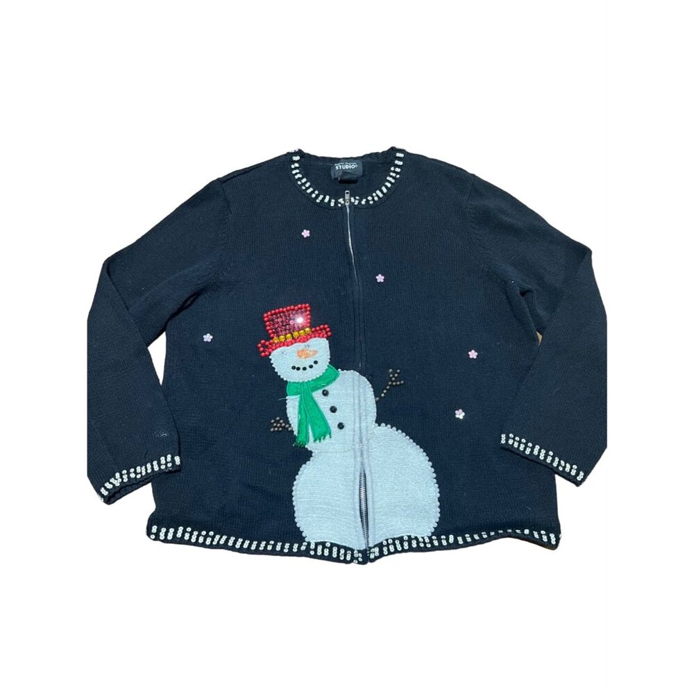 Design Originals Joy Sequin Beaded Snowman Full Zip Black Sweater Cardigan XL